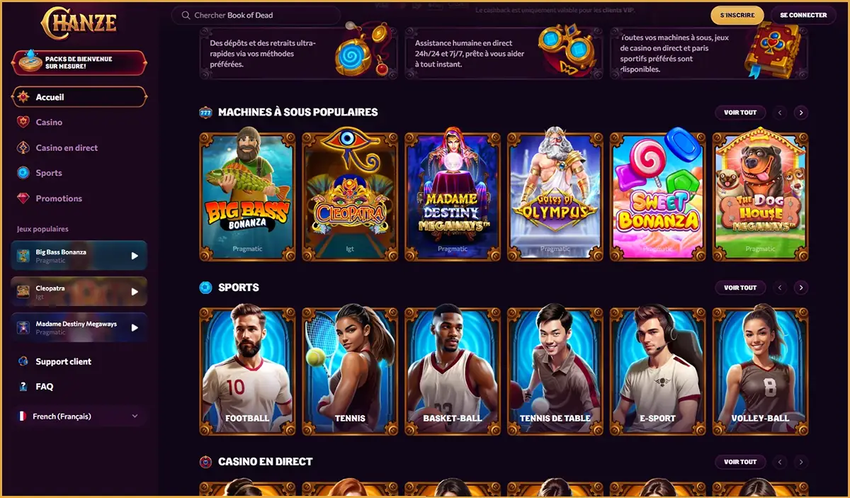 Page d'accueil du casino Chanze France