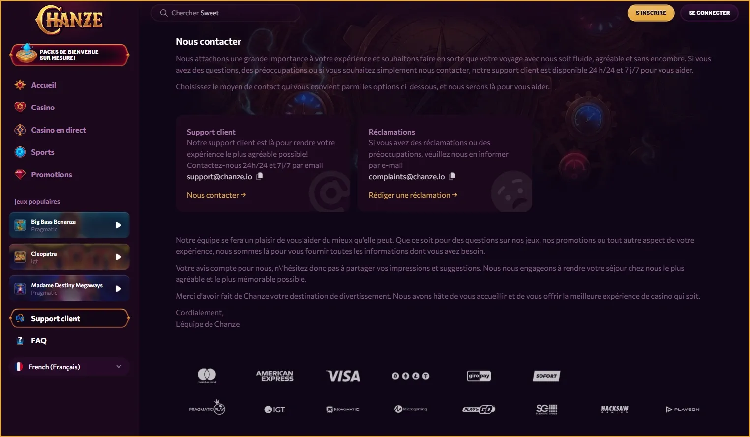 Casino Chanze France Support Client